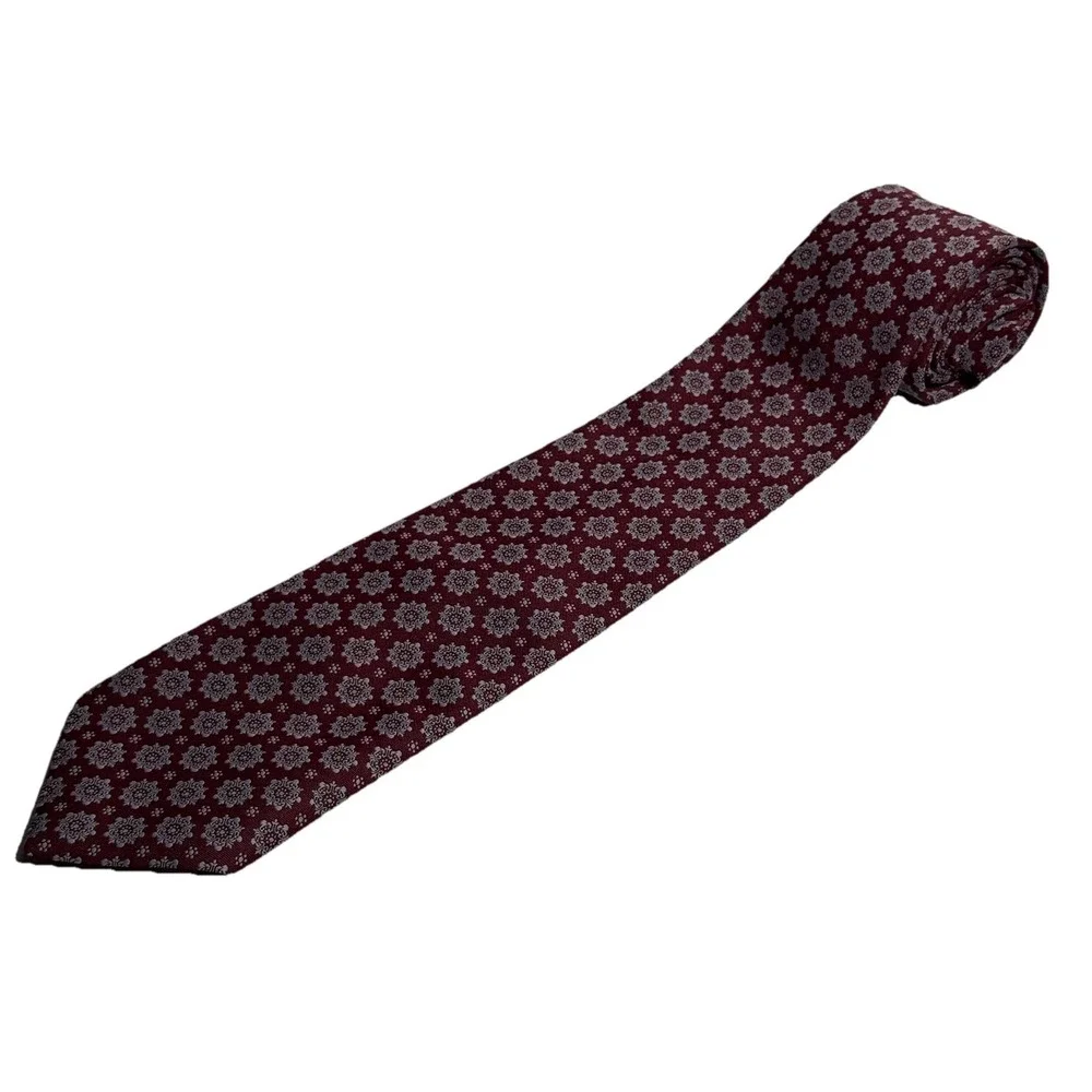 Principe Burgundy Necktie Repeating Floral Medallion Pattern Silver And Grey